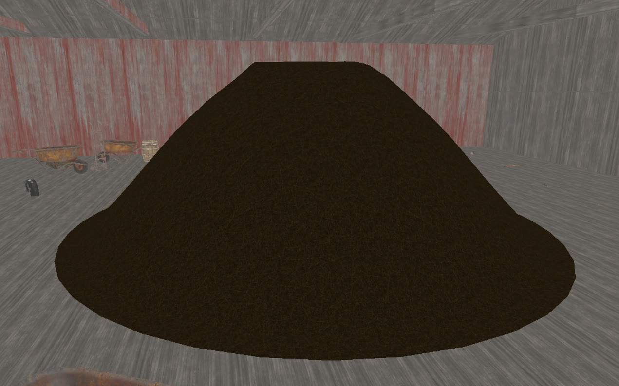 The inner shell alone in the barn with the straws culled away: a dark, smooth, low-poly dome whose crown has been cut off flat by the shift ceiling.